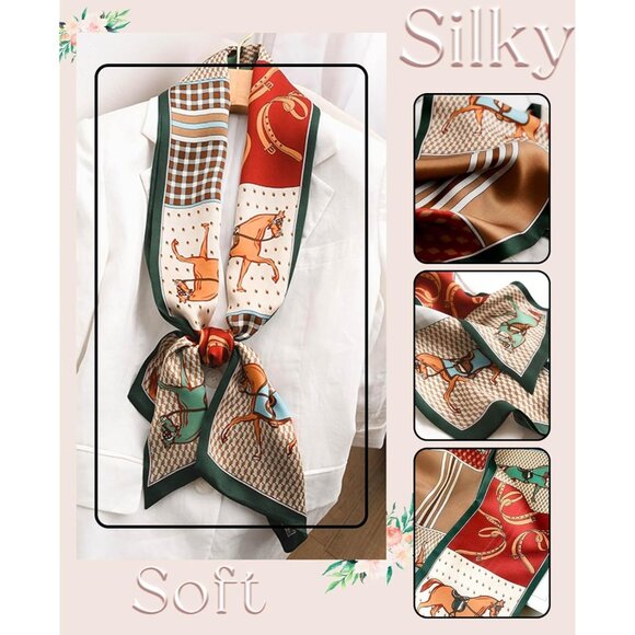 Women's Green Horse Fashion Oblique Angle Silk Neck Scarf Printed Scarves - Picture 4 of 7